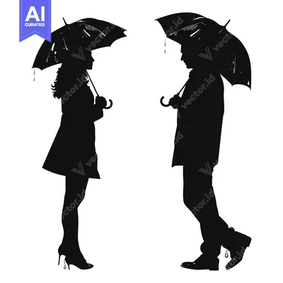 Silhouette of a Man and a Woman Holding Umbrellas in the Rain