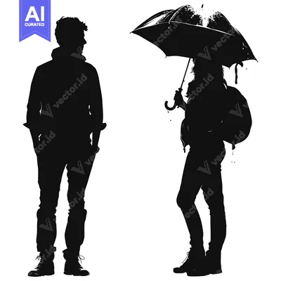 Aset premium populer: Silhouette of a Man and Woman, One Holding an Umbrella
