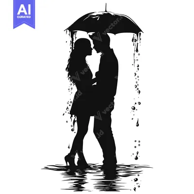 Aset desain premium: Silhouette of a Couple Under an Umbrella in the Rain