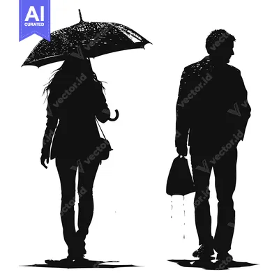 Premium design asset: Silhouette of a woman with an umbrella and a man walking in the rain