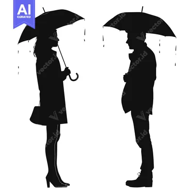 Aset desain premium: Silhouette of a Man and Woman Holding Umbrellas in the Rain