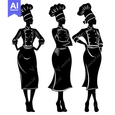 Three Female Chef Silhouettes in Uniform and Hats