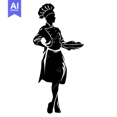 Aset desain premium: Silhouette of a Female Chef Holding a Serving Dish