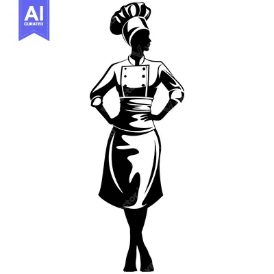 Aset desain premium: Silhouette of a Female Chef in a Tall Hat and Apron