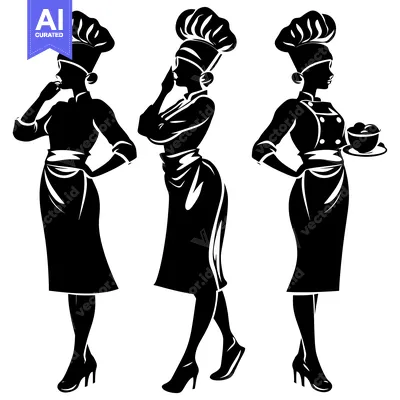 Aset desain premium: Three Female Chefs in Silhouette, One Holding a Plate with Food