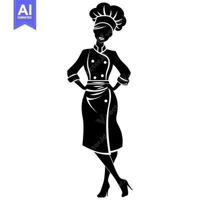 Aset premium populer: Black and White Silhouette of a Female Chef in a Uniform