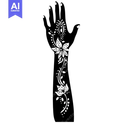 Aset desain premium: Black and White Silhouette of a Hand with Henna Tattoo