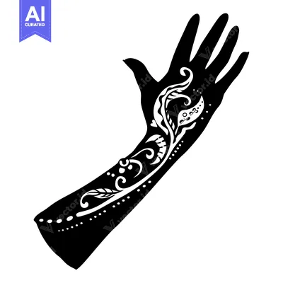 Aset desain premium: Black and White Silhouette of an Arm with Intricate Floral Henna Tatto