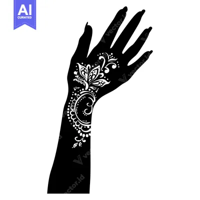 Aset premium populer: Black and White Hand with Intricate Floral Henna Tattoo