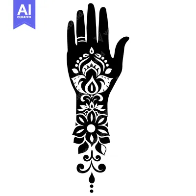 Premium design asset: Black and White Hand with Intricate Floral Henna Design