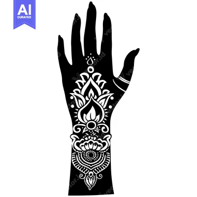 Aset desain premium: Black and White Silhouette of a Hand with Intricate Floral Henna Tatto