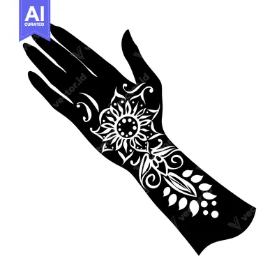 Aset desain premium: Black Silhouette of a Hand with Intricate Floral Henna Design