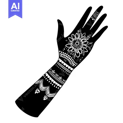 Aset desain premium: A Silhouette of a Hand Decorated with Intricate Henna Designs