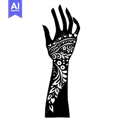 Aset desain premium: Black and White Silhouette of a Hand with Intricate Floral Henna Tatto