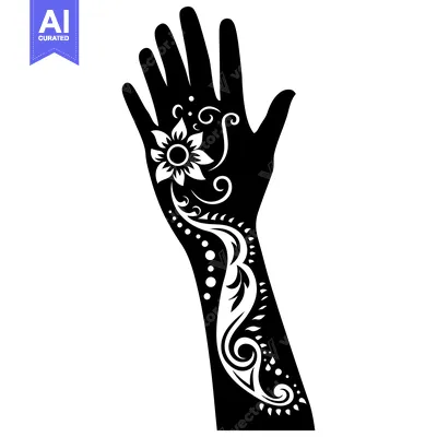 Premium design asset: Black and White Silhouette of Hand with Floral Henna Tattoo