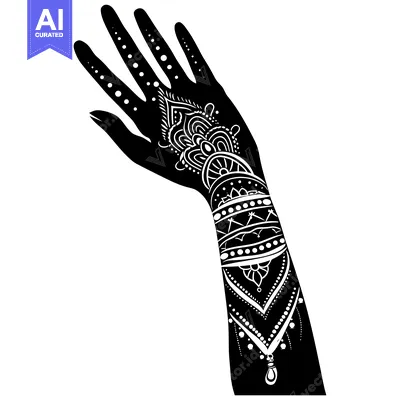 Aset desain premium: Black and White Silhouette of a Hand with Intricate Henna Tattoo