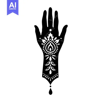Aset desain premium: Black Silhouette of Hand with Ornate Henna Design