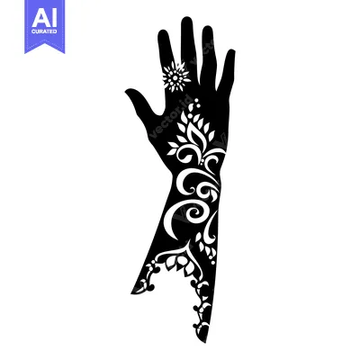 Premium design asset: Black and White Silhouette of a Hand with Floral Henna Tattoo
