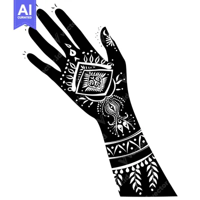 Black and White Illustration of a Hand with Intricate Henna Designs