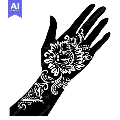 Aset desain premium: Black and White Silhouette of a Hand with Intricate Mehndi Design