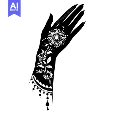 Aset desain premium: Black and White Silhouette of a Hand with Intricate Henna Designs