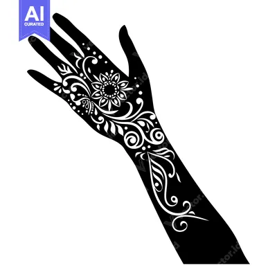 Aset desain premium: Black and White Hand with Intricate Floral Henna Tattoo