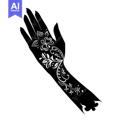 Premium design asset: Black and White Silhouette of a Hand with Intricate Floral Henna Tatto