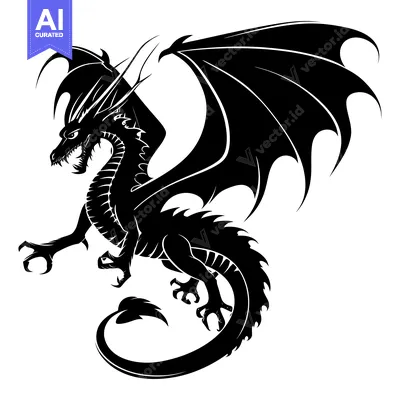 Aset premium populer: Black and white silhouette of a dragon with wings spread