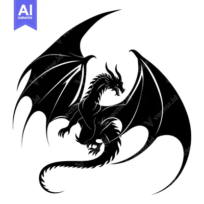 Aset desain premium: A Black and White Silhouette of a Dragon with Wings Spread