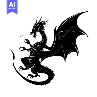 Black and White Silhouette of a Dragon with Spread Wings