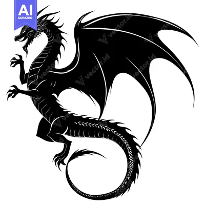 Premium design asset: Black silhouette of a dragon with spread wings and a curled tail
