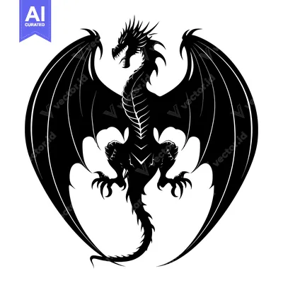 Aset premium populer: Black and White Silhouette of a Dragon with Wings Spread Wide