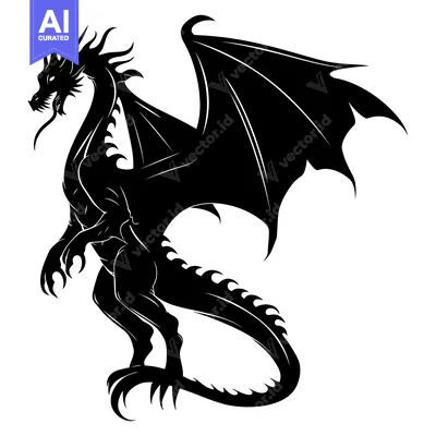 Aset desain premium: Black and White Silhouette of a Dragon with Spread Wings