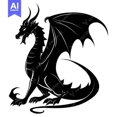 Black Silhouette of a Seated Dragon with Spread Wings