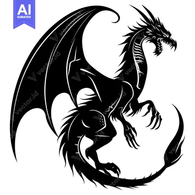 Black and White Silhouette of a Dragon with Wings Spread