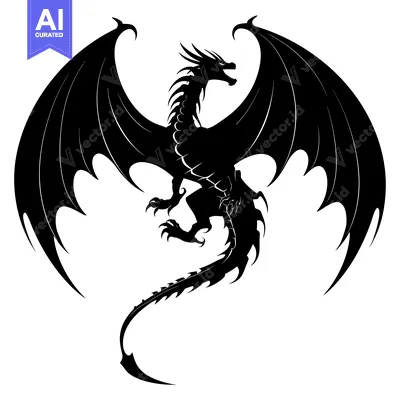 Black silhouette of a dragon with outstretched wings and a curled tail