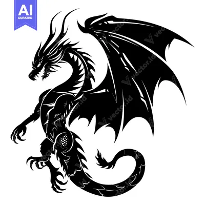 Aset premium populer: Black and White Silhouette of a Dragon with Spread Wings