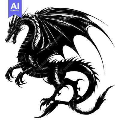 Aset desain premium: Black and white silhouette of a dragon with wings spread