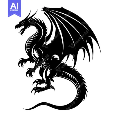 Premium design asset: A Black and White Silhouette of a Dragon with Wings Spread