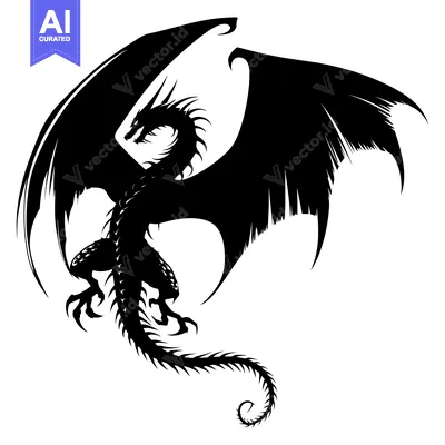 Aset desain premium: Black Silhouette of a Dragon with Spread Wings