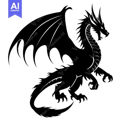 Aset desain premium: Black silhouette of a dragon with wings outstretched