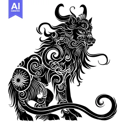 Premium design asset: A Black and White Stylized Illustration of a Mythical Lion-like Creatu