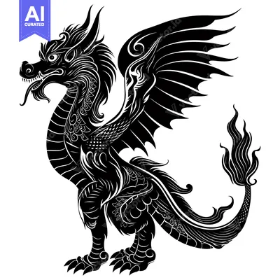 Aset desain premium: Black and White Illustration of a Winged Dragon with a Flamed Tail