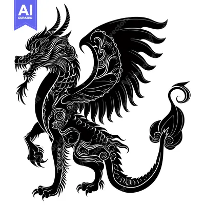 Aset premium populer: A Black and White Illustration of a Winged Dragon with Intricate Detai
