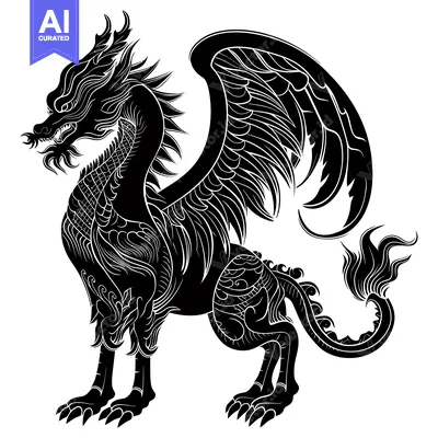 Aset premium populer: Black and White Illustration of a Winged Dragon with Intricate Details