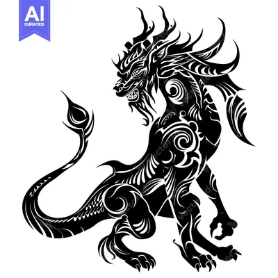 Aset premium populer: Black and White Stylized Dragon with Claws and Wings