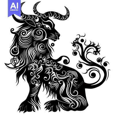 Black and white stylized illustration of a mythical beast with horns a