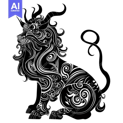 Aset premium populer: Ornate Black and White Lion with Curly Mane and Tail