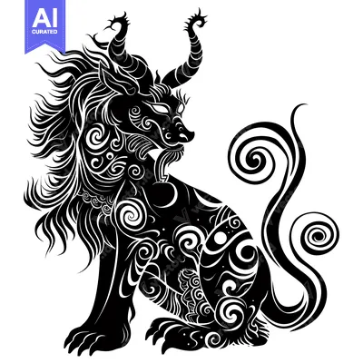 Black and White Illustration of a Mythical Creature with Horns and Spi