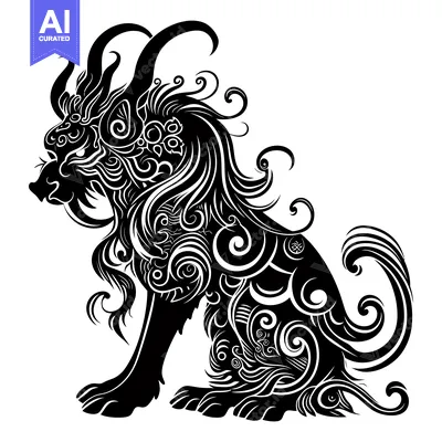 Aset premium populer: Ornate Black and White Illustration of a Sitting Mythical Creature wit